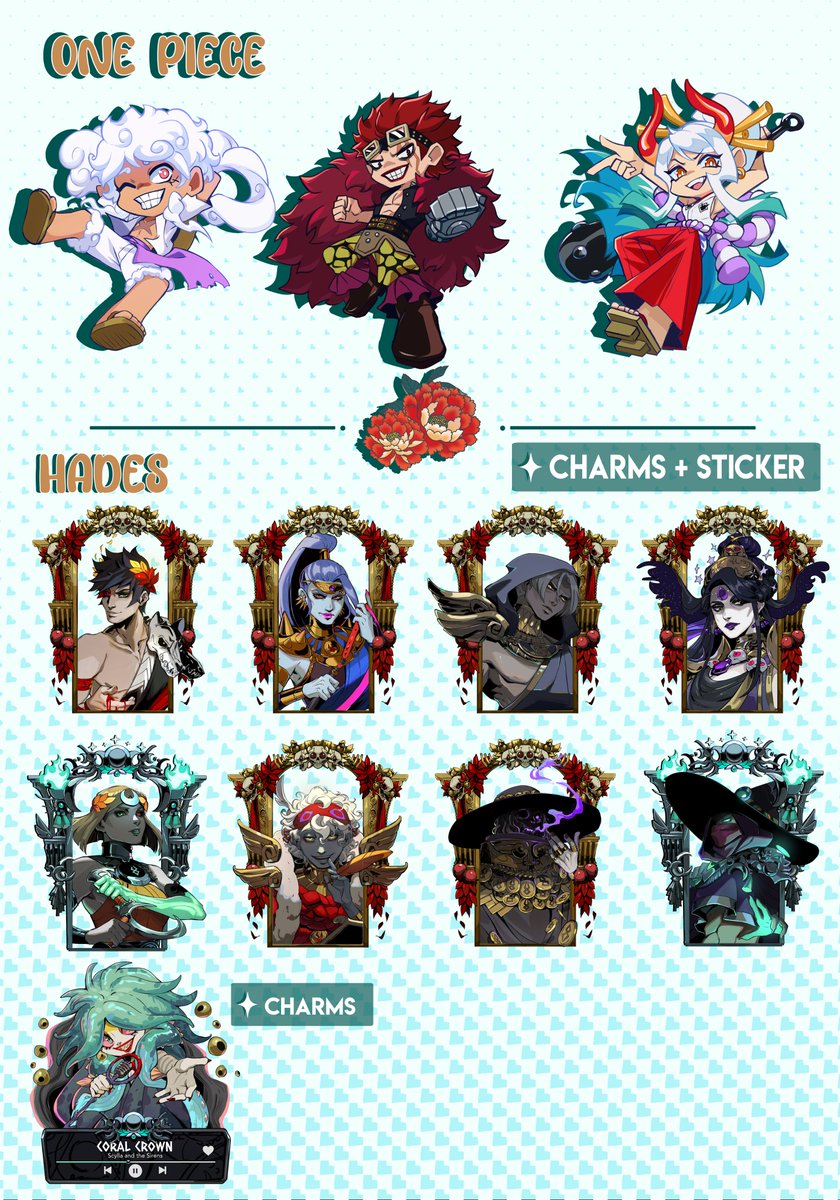 ✨🌻Summer Shop Update!🌻✨ [RTWs💕] POs end on the 30th!  • Restocking Corazon and Law Mousepads +Charms • Added Gear 5 Luffy, Kid, and Yamato to the One Piece keychains! • Hades Charms+Stickers along with a special Scylla one! • Postcard/Prints Available!   Links⏬⏬⏬
