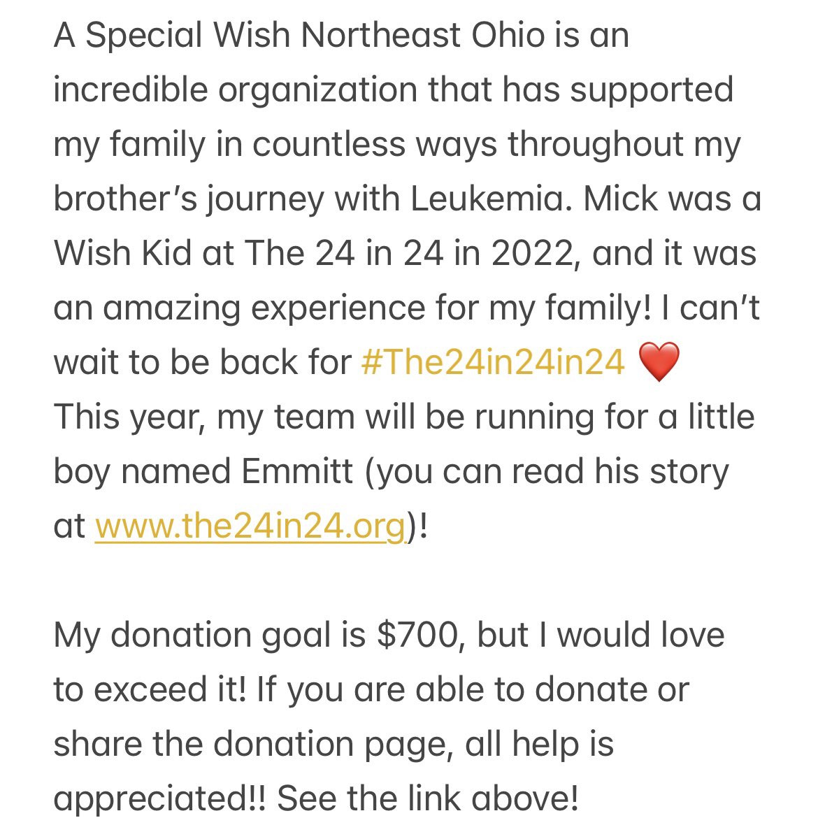memcg04's tweet photo. This October, I will be taking on The 24 in 24! I will run 1 mile, every hour, for 24 consecutive hours in order to raise funds for local children battling life-threatening illnesses. Donations go to A Special Wish Northeast Ohio!

https://t.co/qLg29i596W https://t.co/pHayQBERFp
