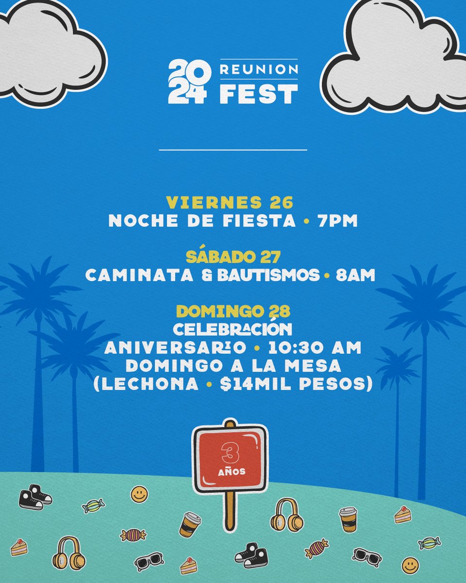 reunioncolombia's tweet photo. ¡Únete a la #celebración de nuestro 3er aniversario! Disfruta de eventos veraniegos llenos de fe, comunidad y alegría. 

Ven con tu familia y amigos a compartir momentos especiales y agradecer a #Dios por este tiempo juntos. 

¡Te esperamos con los brazos abiertos! https://t.co/9eMMY06Zv5
