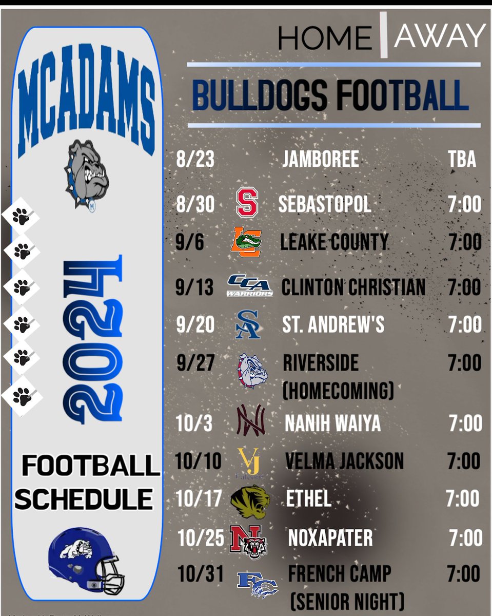 🚨🚨SCHEDULE REMINDER 🚨🚨
Save the date and join us in cheering on the McAdams Bulldogs for the 2024 football season!