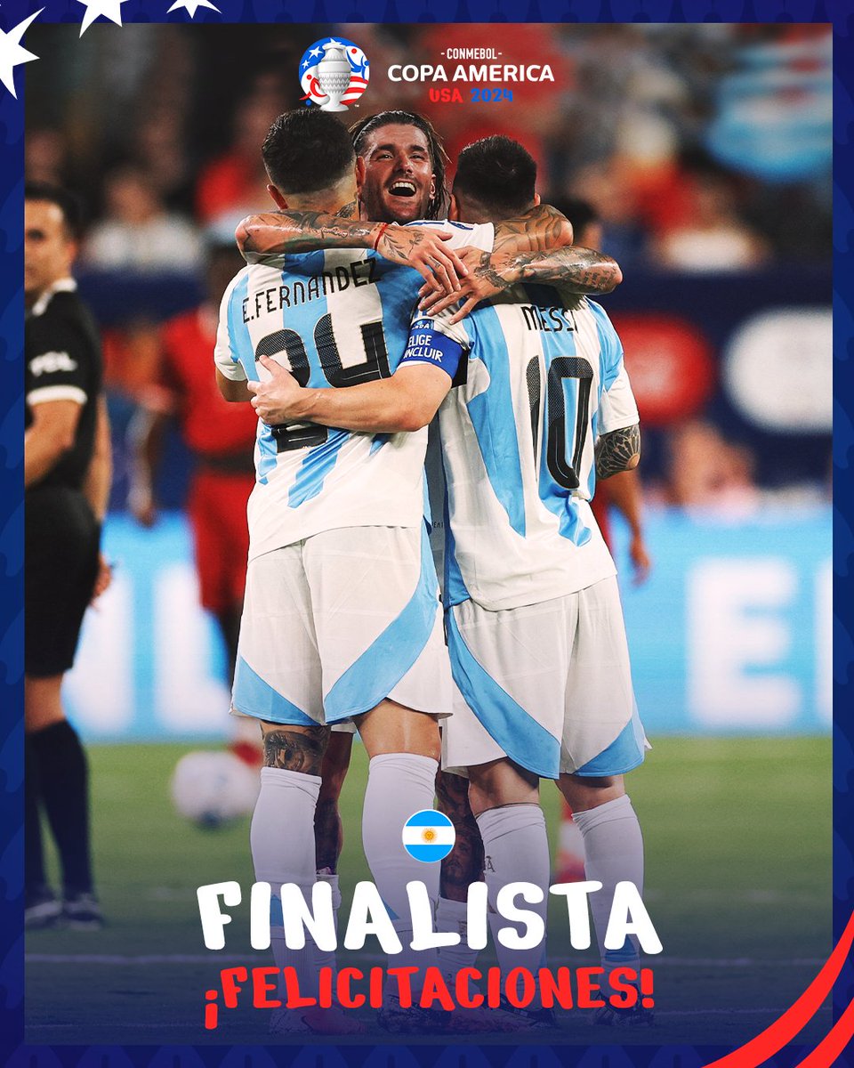 ¡Felicitaciones <a href="/Argentina/">🇦🇷 Selección Argentina ⭐⭐⭐</a> por llegar a la final de la CONMEBOL <a href="/CopaAmerica/">CONMEBOL Copa América™️</a> 2024!