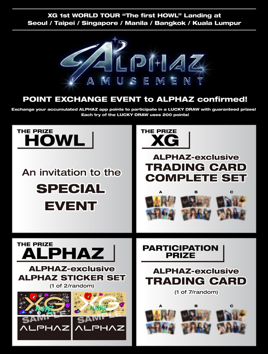 XGOfficial_'s tweet photo. POINT EXCHANGE EVENT for ALPHAZ

Exchange your accumulated ALPHAZ app points to participate in a LUCKY DRAW with guaranteed prizes!

https://t.co/4KIDBmEd9w

#XG_1stWORLDTOUR
#ThefirstHOWL
#XG #XGALX https://t.co/wrgUHWIo4q