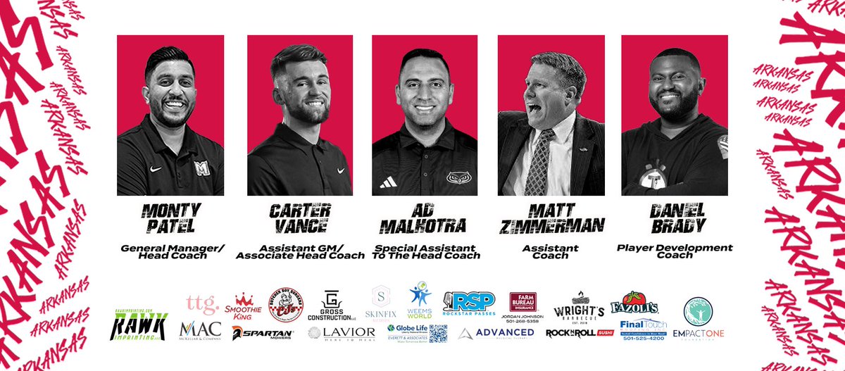 TeamArkansasTBT's tweet photo. 🐗Join us in welcoming these outstanding coaches to our team🐗
GM/Head Coach- @MontyPatel
Asst. GM/Associate Head Coach- @CoachCarterV
Special Asst. to the Head Coach- @CoachADMalhotra
Asst. Coach- @CoachZ_ARKANSAS
Player Development Coach- @primetimebandy
🐗🐗🐗
#TBTHOGS https://t.co/NU8E2sSJfI