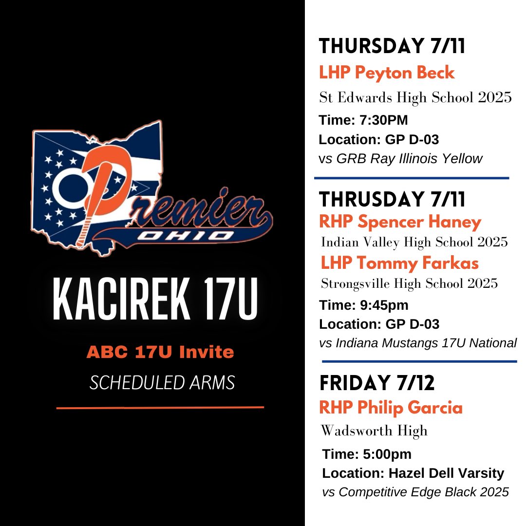 Premier OH Kacirek 2029 (Scott Kacirek-Head Coach) (@skacirek) on Twitter photo Premier OH Kacirek 17U Pitching Rotation for pool play of the ABC Invite 17U tournament at Grand Park! <a href="/premierath/">Premier Ohio Baseball</a> <a href="/Bullpenevents/">Bullpen Tournaments</a> <a href="/BUncommitted/">Baseball_Uncommitted</a> <a href="/CoachSheriffUC/">Tayler Sheriff</a> <a href="/rosslearnard/">Ross Learnard</a> <a href="/Trevcharp/">Trevor Charpie</a> <a href="/Cam_Witt5/">Cameron Witt</a> <a href="/FauldsBryan/">Bryan Faulds</a> <a href="/jeremyhileman/">Jeremy Hileman</a> <a href="/mattgilbertson_/">Matt Gilbertson</a> <a href="/BradyWard25/">Brady Ward</a> <a href="/CoachAHilt/">Aaron Hilt</a> <a href="/KTrewyn/">Kyle Trewyn</a> Premier OH Kacirek 17U Pitching Rotation for pool play of the ABC Invite 17U tournament at Grand Park! <a href="/premierath/">Premier Ohio Baseball</a> <a href="/Bullpenevents/">Bullpen Tournaments</a> <a href="/BUncommitted/">Baseball_Uncommitted</a> <a href="/CoachSheriffUC/">Tayler Sheriff</a> <a href="/rosslearnard/">Ross Learnard</a> <a href="/Trevcharp/">Trevor Charpie</a> <a href="/Cam_Witt5/">Cameron Witt</a> <a href="/FauldsBryan/">Bryan Faulds</a> <a href="/jeremyhileman/">Jeremy Hileman</a> <a href="/mattgilbertson_/">Matt Gilbertson</a> <a href="/BradyWard25/">Brady Ward</a> <a href="/CoachAHilt/">Aaron Hilt</a> <a href="/KTrewyn/">Kyle Trewyn</a>