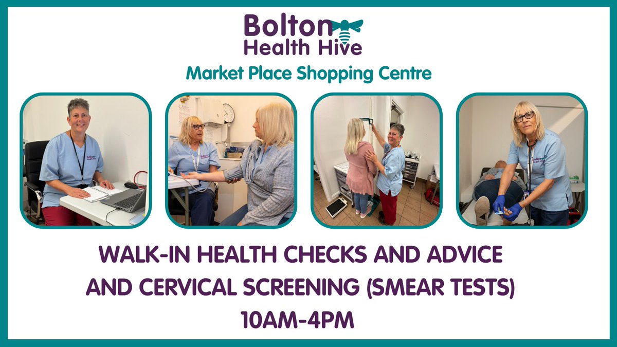 The Health Hive at Market Place Shopping Centre is open today from 10am-4pm for walk-in:

-health checks &amp; advice
-cervical screening (smear tests)

Please note cervical screening is only for those registered with a Bolton GP.