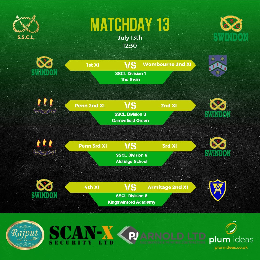 Matchday 13

Swin 1s host Wombourne 2s in the Number 16 derby🚌  (or El Trashico as recently coined by Malc). Swin 2s and 3s both travel to Penn in a bumper edition of the Tom Bywater Derby🧑‍🦰Swin 4s host Armitage 2s at Kingswinford Academy. 

Go well all 🦆💚💛