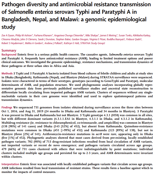 LancetMicrobe's tweet image. New research article
Pathogen diversity and antimicrobial resistance transmission of #Salmonella enterica serovars Typhi and Paratyphi A in Bangladesh, Nepal, and Malawi: a genomic epidemiological study
thelancet.com/journals/lanmi…
#AMR #typhoid #OpenAccess #OA