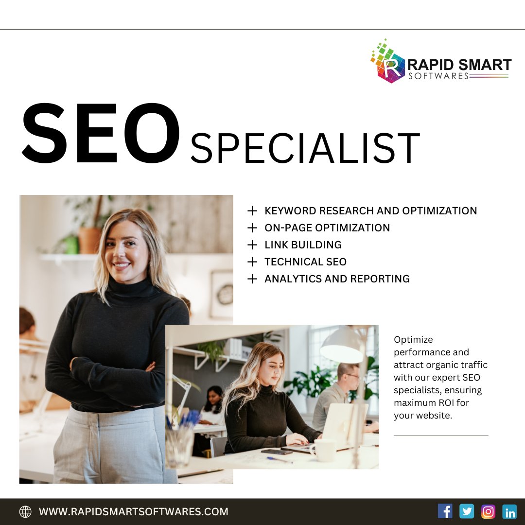 Maximize your online visibility and drive organic traffic with our expert SEO specialists. #SEO #SEOExpert #DigitalMarketing #KeywordResearch #OnPageOptimization #LinkBuilding #TechnicalSEO #Analytics #Reporting #OrganicTraffic #WebOptimization #SearchEngineOptimization