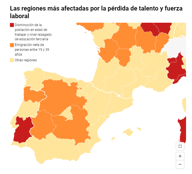 redespanola's tweet photo. ⚠️La 'trampa de desarrollo' que acecha a tres regiones de España ante la imparable fuga de talento y población

🏙️🚶‍♀️ 🚶🏽‍♂️Las dos 'Castillas' y Extremadura son las tres CCAA que sufren este mal→ pierden población pero, sobre todo, jóvenes cualificados

https://t.co/j3GNpKDwI3 https://t.co/nrvKiZC2hy