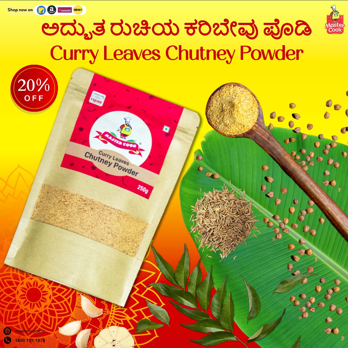 Mastercook_in's tweet photo. Enjoy the traditional taste of Curry Leaves
Chutney Pudi at 20% off on our website!

Check out the link in our bio.

#ChutneyPudiMagic #FlavorExploration #pickle
#mastercook #SavingsAlert #HalfPriceHappiness
 #bengaluru #karnataka #chennai
#TamilnaduNews #mysuru #Kannada https://t.co/PhJxLiSllt