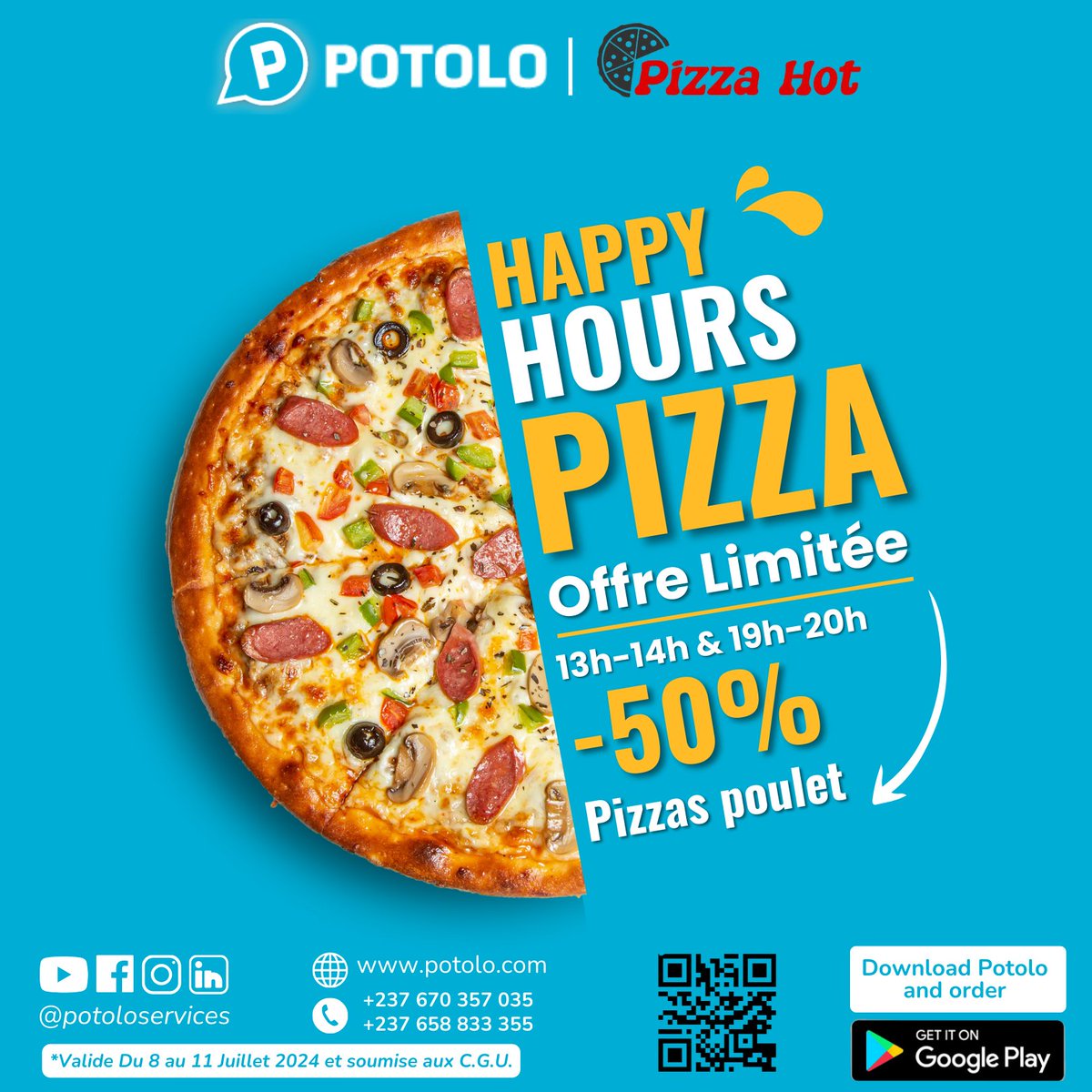 50% DE RÉDUCTION SUR VOS PIZZAS AU POULET 🙀

Profitez d'une réduction de 50% sur vos pizzas au poulet de chez Pizza Hot  jusqu'au 11 juillet de 13h à 14h et de 19h à 20h uniquement sur l'application de l'heure ☺️. Commandez dès maintenant et faites vous livrer 🛵
#convenience