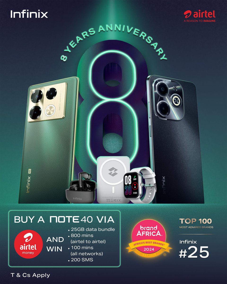 infinixuganda's tweet photo. The anniversary promos are still going steady. Buy a #NOTE40, pay using @airtelmoneyug - make sure your IMEI number is shared wherever you’ve purchased the phone and you will get FREE data, minutes and SMSes. #InfinixUGAt8 https://t.co/D6t6FTk32H