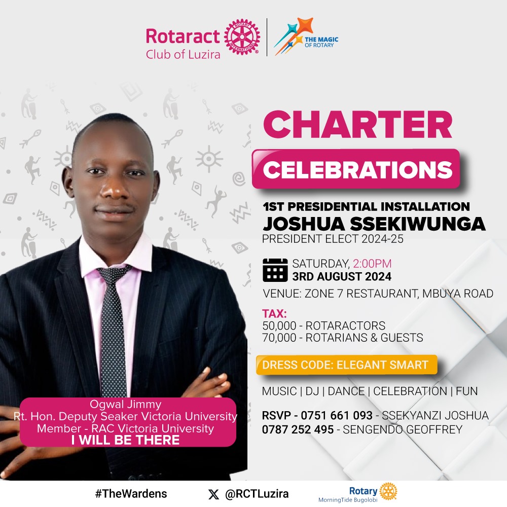 RCTLuzira's tweet photo. #wardennight
#magicalnight
Guess who 
Rt.Hon Deputy speaker @OGWALJIMMY11 of Victoria University and member @RotaractClubVU  will be joining us on our charter night celebration's
A night to remember
@RotaractClubVU 
@RCUpperKololo 
@Rac_kigo 
@RCMuyenga 
@RotaractD9213 https://t.co/0mZsrjb54h