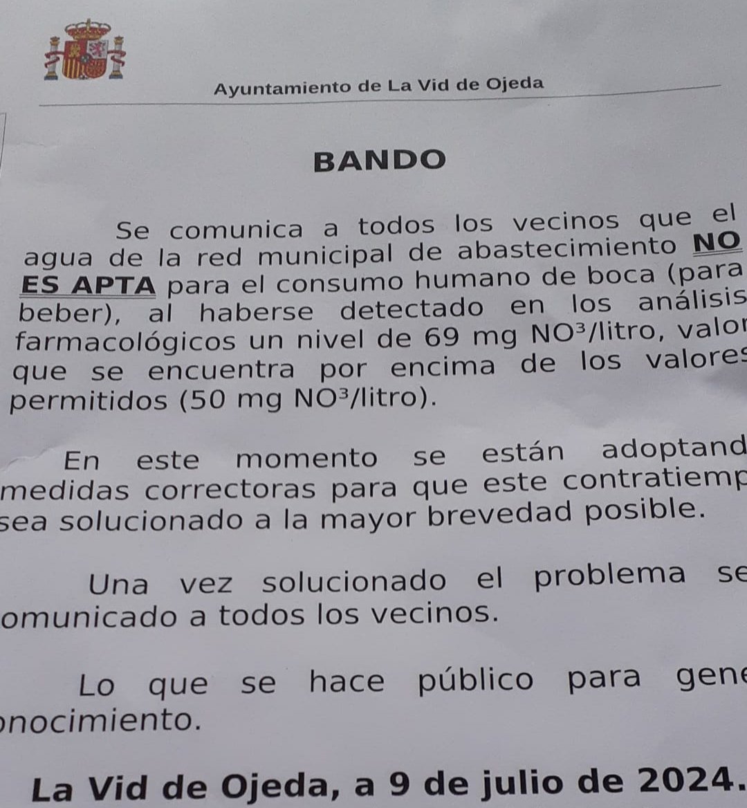 ecologistaspalencia (@eeapalencia) on Twitter photo 📢📢📢 El Ayto d La Vid d Ojeda #Palencia avisa a sus vecinos "EL AGUA DE BOCA NO ES APTA PARA CONSUMO" por elevado nivel d #NITRATOS En este pueblo estaba proyectada una de las 13 #macrogranjas d 🐷 en el Boedo-Ojeda, q gracias a la lucha d <a href="/stopmacrogranja/">Pisoraca y Comarcas Vivas</a> no salieron adelante 📢📢📢 El Ayto d La Vid d Ojeda #Palencia avisa a sus vecinos "EL AGUA DE BOCA NO ES APTA PARA CONSUMO" por elevado nivel d #NITRATOS En este pueblo estaba proyectada una de las 13 #macrogranjas d 🐷 en el Boedo-Ojeda, q gracias a la lucha d <a href="/stopmacrogranja/">Pisoraca y Comarcas Vivas</a> no salieron adelante