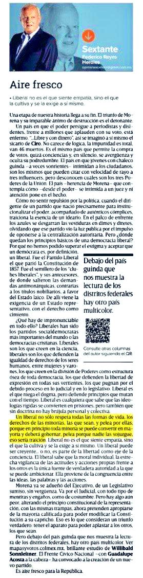 acostanaranjo's tweet photo. AIRE FRESCO.

Don Federico Reyes Heroles escribe un extraordinario diagnóstico de la actual situación nacional, nuestros retos y sus dilemas, y dice pensando en el futuro:

La iniciativa del Frente Cívico Nacional es aire fresco…

Gracias Federico, no vamos a claudicar.

Léanlo. https://t.co/fBsWy6fdI8