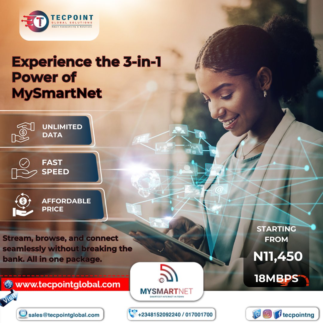 tecpoint_ng's tweet image. MySmartNet is all loaded just for you. Experience the thrill with the 3-in-1 power.
#MySmartNet #unlimteddata #fastspeed #veryaffordable #3-in-1.