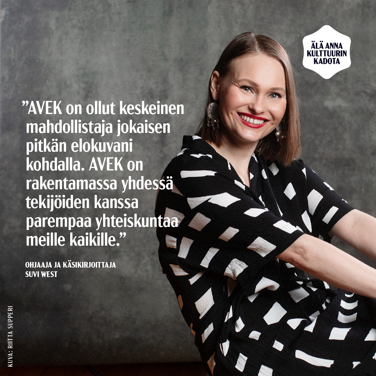 #ÄläAnnaKulttuurinKadota
Suvi West sai Jussi-palkitun Máhccan-teoksensa työstämiseen tukea <a href="/AVEKfi/">AVEK</a>'lta , jonka toiminta on nyt vaakalaudalla. Nähdäänkö laadukkaita kotimaisia dokumentteja hallituksen leikkauksen jälkeen? 🎥
Puolusta hyvitysmaksua: luovat.org/hyvitysmaksu