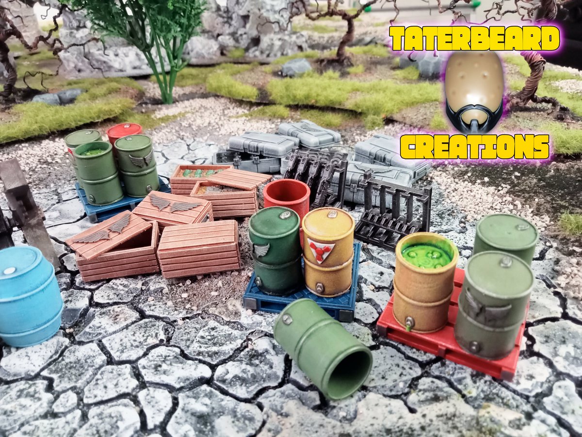 RealTaterbeard's tweet photo. Needed some more "Sci-Fi" details on my Table top, so whipped up these Battlefield details. Barrels, Drums, Crates, Pallets and Tank-traps. You can find the STL files on my Cults FOR FREE, here; https://t.co/hN9JL1536t https://t.co/u3UKJxQ5sR