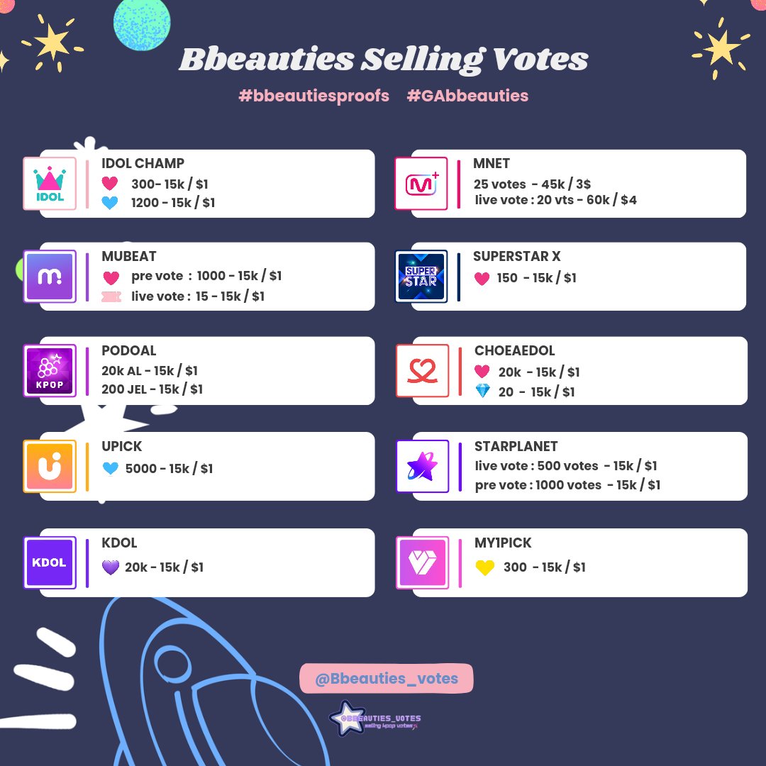 ✨ new price list ✨

For availability and purchases, please ask via 💌 DM, HAPPY VOTES HAPPY BEAUTIES✨🚀🫶