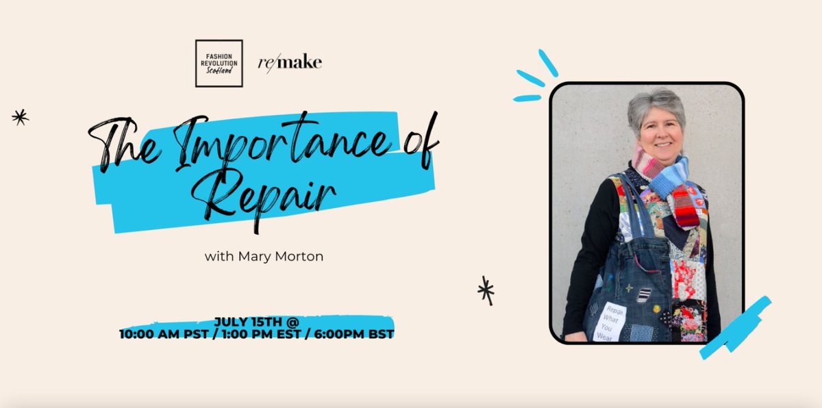 Fashion Revolution (@fash_rev) on Twitter photo Online: The Importance of Repair πͺ‘π΄σ §σ ’σ ³σ £σ ΄σ Ώ
Join <a href="/Fash_Rev_Scot/">Fashion Revolution Scotland</a> and <a href="/remakeourworld/">Remake</a> as they hear from sustainability legend, Mary Morton. Learn about local action, how repair is an important part of #NoNewClothes and how we can sustain local initiatives!
RSVP: ow.ly/90wa50SvSc5 Online: The Importance of Repair πͺ‘π΄σ §σ ’σ ³σ £σ ΄σ Ώ
Join <a href="/Fash_Rev_Scot/">Fashion Revolution Scotland</a> and <a href="/remakeourworld/">Remake</a> as they hear from sustainability legend, Mary Morton. Learn about local action, how repair is an important part of #NoNewClothes and how we can sustain local initiatives!
RSVP: ow.ly/90wa50SvSc5