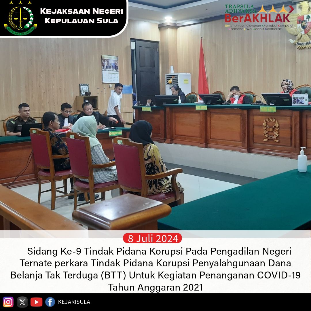 NegeriSula's tweet photo. Sidang lanjutan Penyalahgunaan Dana Belanja Tak Terduga (BTT) Untuk Kegiatan Penanganan COVID-19 Tahun Anggaran 2021 terhadap Pengadaan Bahan Medis Habis Pakai (BMHP) pada Dinas Kesehatan Kabupaten Kepulauan Sula yang menimbulkan Kerugian Keuangan Negara sebesar Rp. 1.622.840.441 https://t.co/qwxPGZGc6s