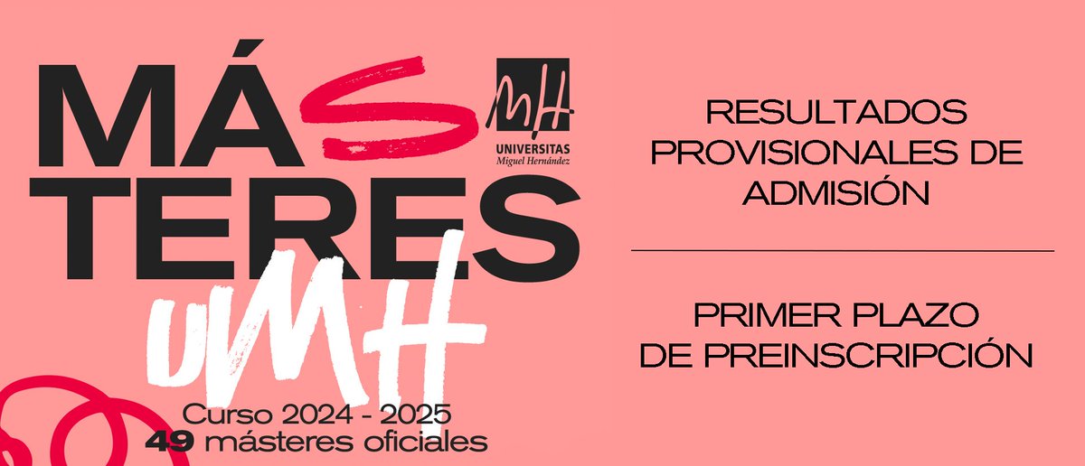 Ya pueden consultarse los #resultados provisionales de #admisión en los #Másteres Universitarios correspondientes al primer plazo de #preinscripción a través de la aplicación: universite.umh.es/preins_postgra… El plazo para presentar reclamaciones o subsanaciones es del 8 al 15 de julio.