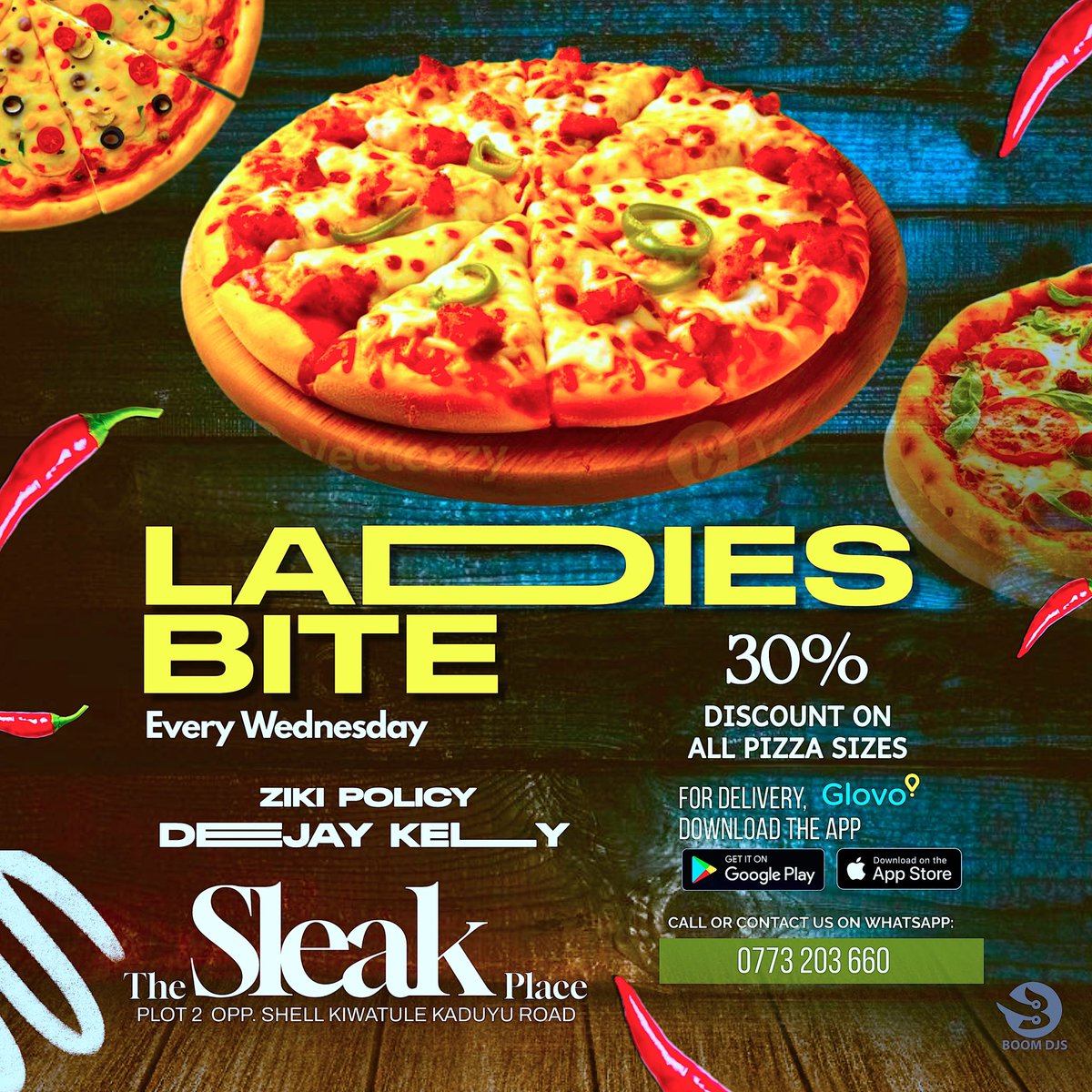 thesleakplace's tweet photo. It's Ladies Bite Wednesday at Sleak Place! π Enjoy up to 30% off all pizza sizes. Order on the Glovo app or reach us directly via call or WhatsApp at 0773203660. Don't miss out! #LadiesBite #PizzaDiscount #SleakPlace https://t.co/5Kxi644lxj