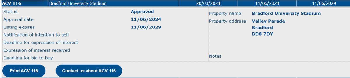 RichkWilkinson's tweet photo. to clarify, here is the entry on the ACV register and the relevant rule. If there are no bids, the moratorium is 6   WEEKS not  6months. This is a non story.   #bcafc https://t.co/x5GirthY9J