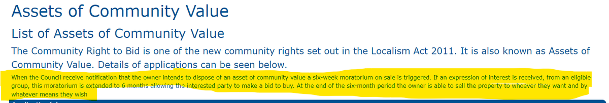 RichkWilkinson's tweet photo. to clarify, here is the entry on the ACV register and the relevant rule. If there are no bids, the moratorium is 6   WEEKS not  6months. This is a non story.   #bcafc https://t.co/x5GirthY9J