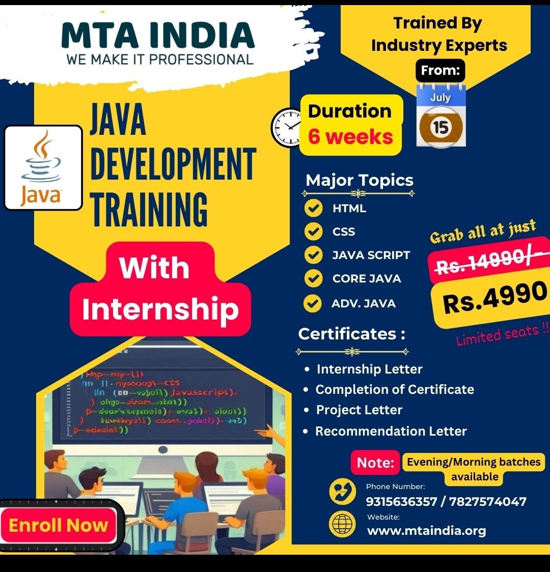 mtaIndia_'s tweet photo. 6 weeks java training internship
#Java #corejava #computersciencestudents https://t.co/zpAHKM546D