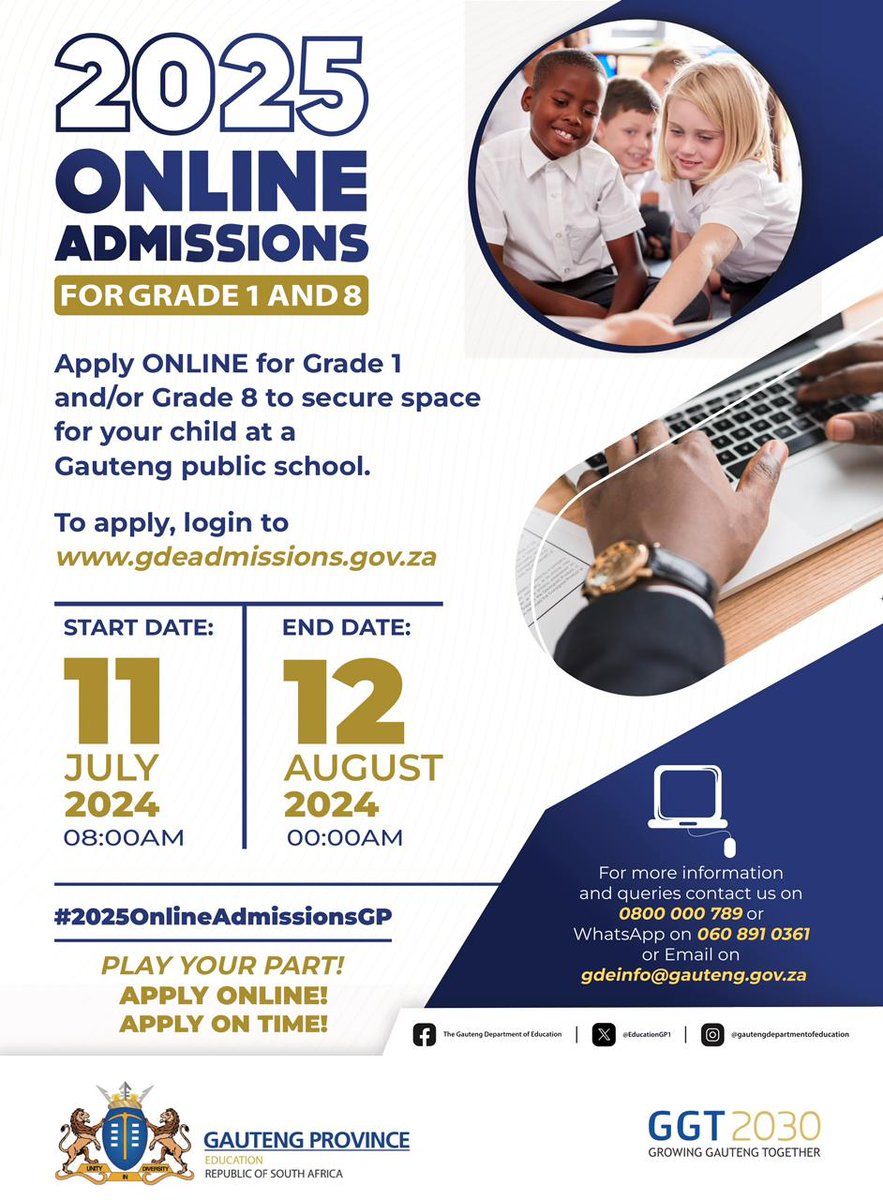 GautengeGov's tweet photo. Online applications for Grades 1 and 8 to secure space for your child at a Gauteng public school are open. To apply, simply go to https://t.co/B1kRPJfLXk.
#GrowingGautengTogether #useourservices #atyourservice https://t.co/TEcEiWRtVN