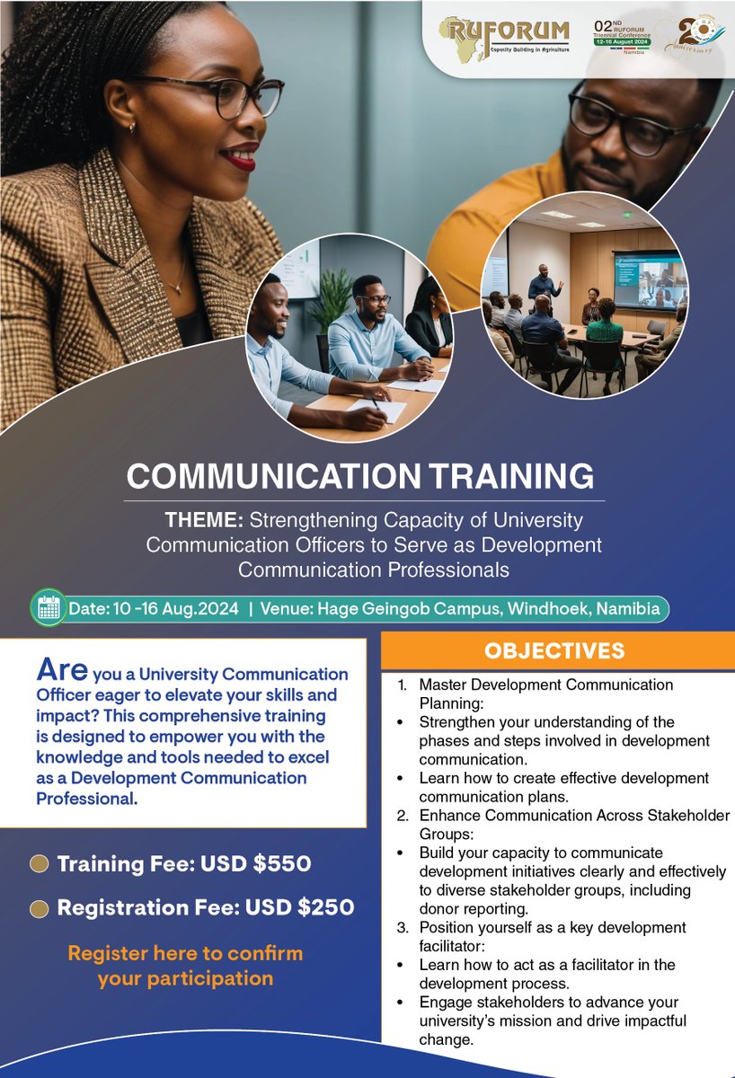 📢 Calling all university communication &amp; PR professionals! Join us in Namibia for an impactful training on "Strengthening Capacity of University Communication Officers to Serve as Development Communication Professionals."  #RUFTriennial24
Register here: ruforum.org/Triennial2024/…