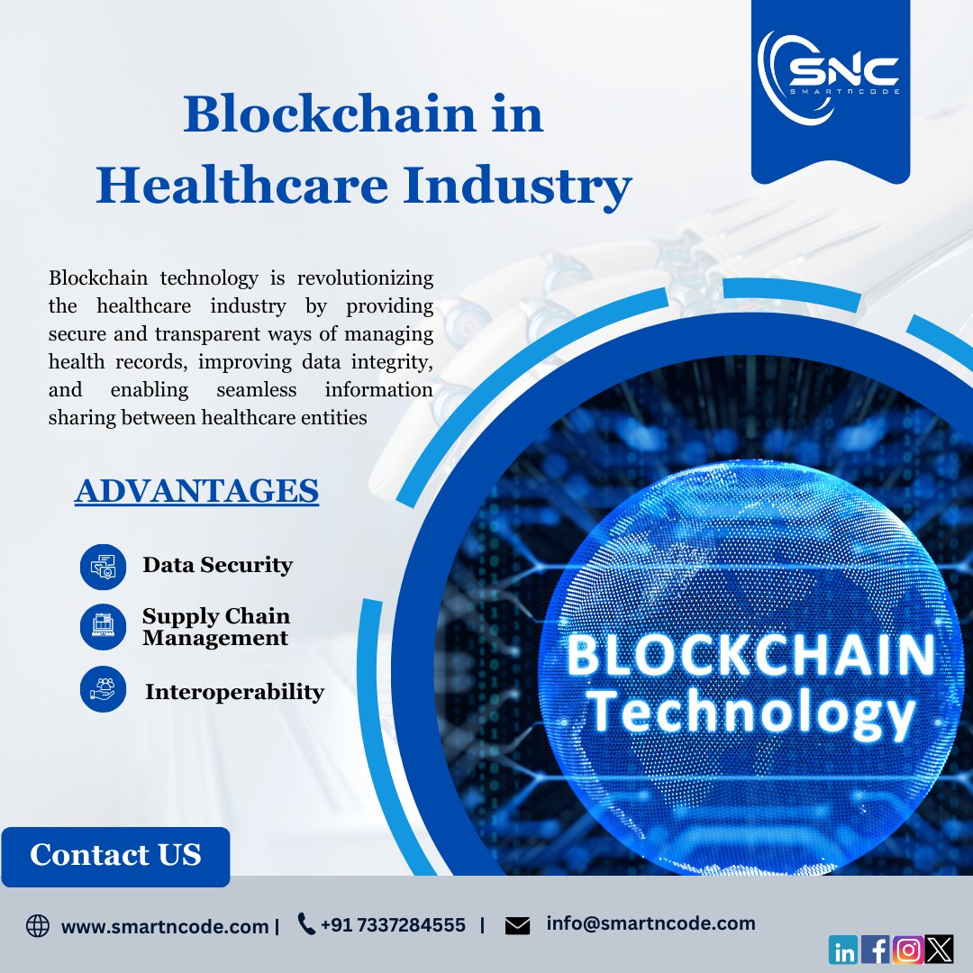 smartncode's tweet photo. Blockchain is revolutionizing healthcare! Secure & transparent health records, improved data integrity, seamless info sharing.
Visit Us at: https://t.co/0N9kUK0KnR
#BlockchainInHealthcare #HealthTech #DataSecurity #SMARTnCODE #Innovation #SecureHealthData #FutureOfHealthcare https://t.co/uw5hSEuNPM
