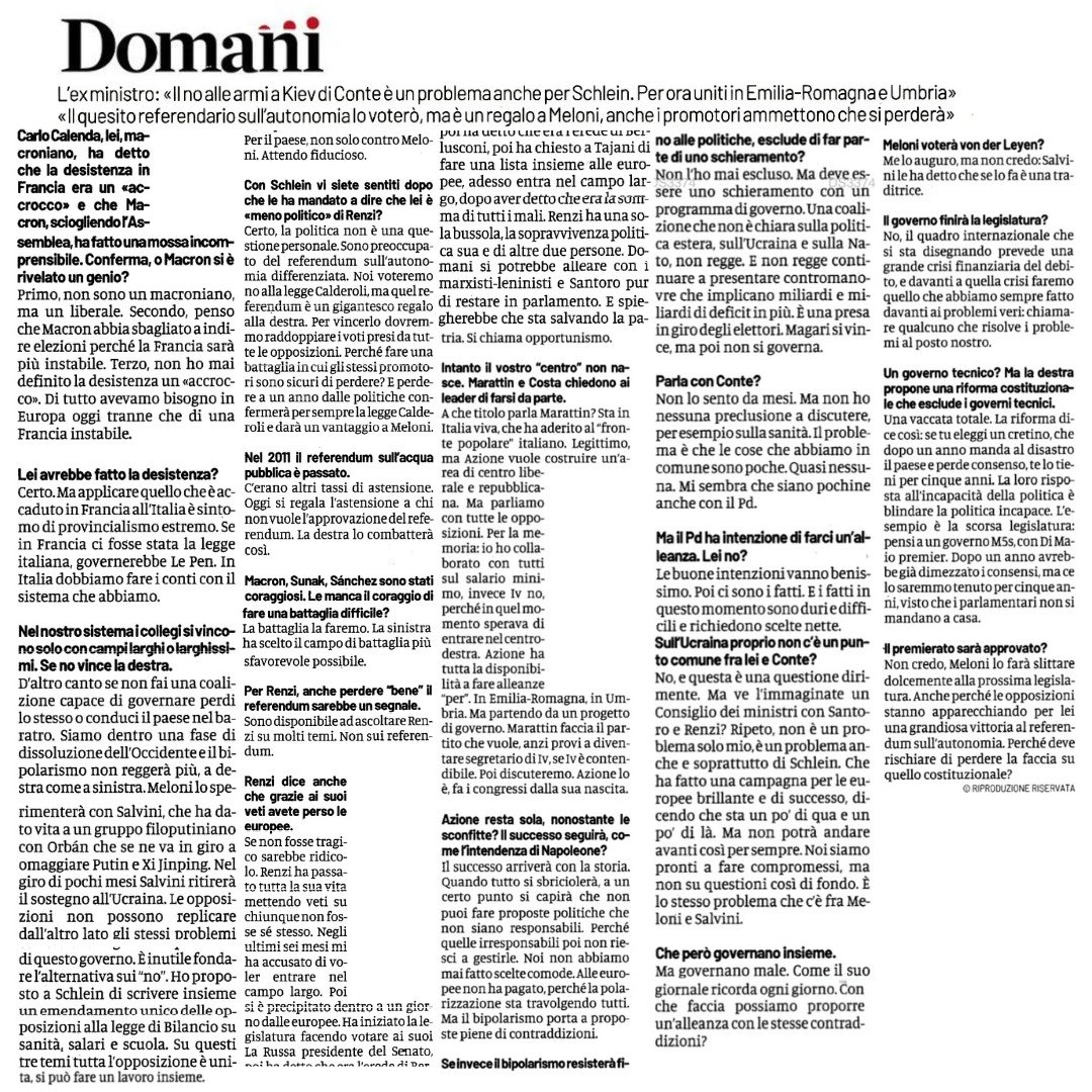 CarloCalenda's tweet photo. Abbiamo il dovere di collaborare con le altre opposizioni su iniziative e proposte ogni volta che è possibile farlo. Ciò che non faremo sono alleanze politiche con chi vuole lasciare l’Ucraina in balia di Putin, uscire dalla NATO o spendere soldi che non abbiamo. https://t.co/0ixQNSMPxw