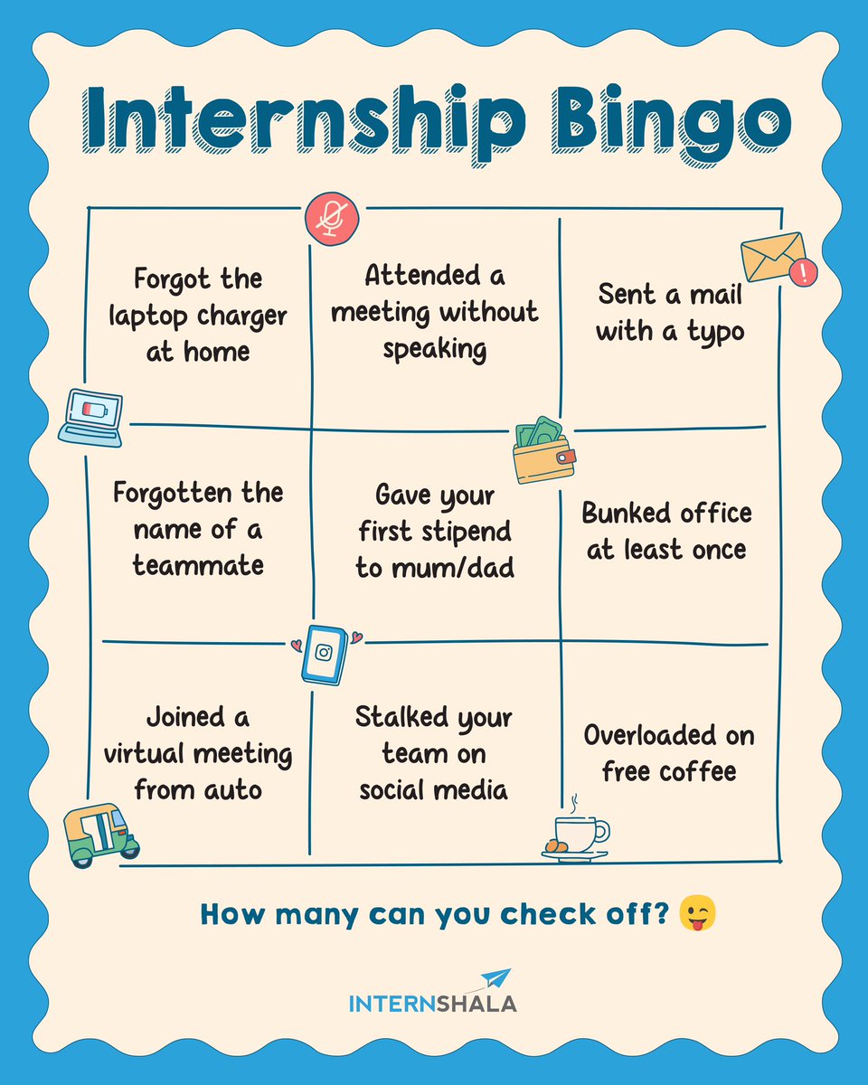 Experience letters and PPOs are all well, but things like eating Bourbon/Kurkure/Maggi🍜 for lunch are what make #internships memorable.💛

Comment your most memorable internship stories &amp; your internship bingo score!

#bingo #internshipopportunity #intern #internshiplife