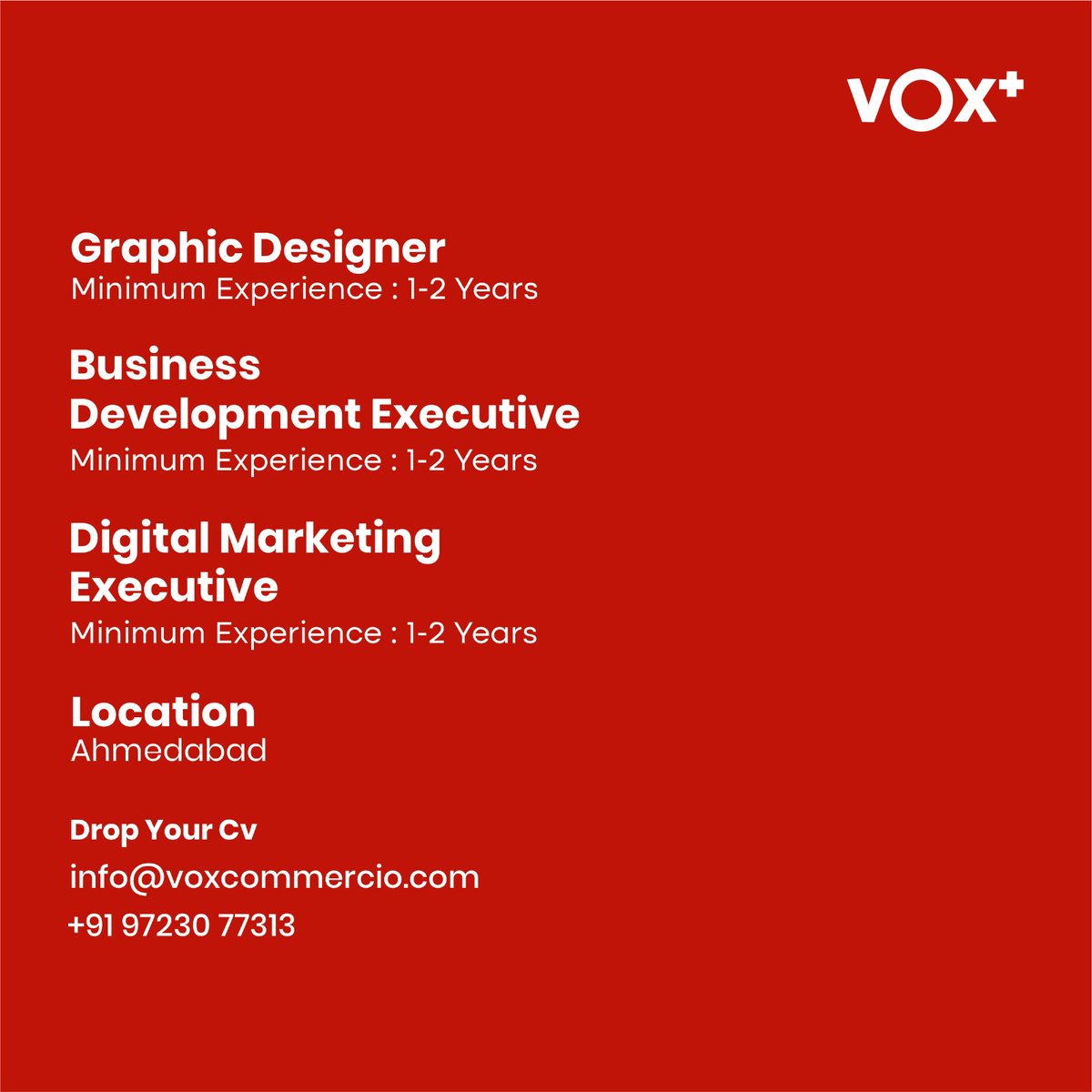 VoxPlus_in's tweet photo. Are you have 1-2 years experience in Digital Marketing, Graphic Designing and Business Development?

We have Job for You!

Drop your CV
info@voxcommercio.com
+919723077313

Location: Ahmedabad

#hiring #jobopening #graphicsdesign #businessdevelopment #digitalmarketing https://t.co/KW7WDJTjfj