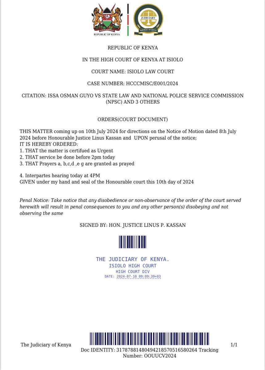 The court has allowed an application for our client was abducted in Isiolo on Saturday and held incommunicado. The IG of Police is now required to produce him in court at 4pm today.
We must fix this nation.