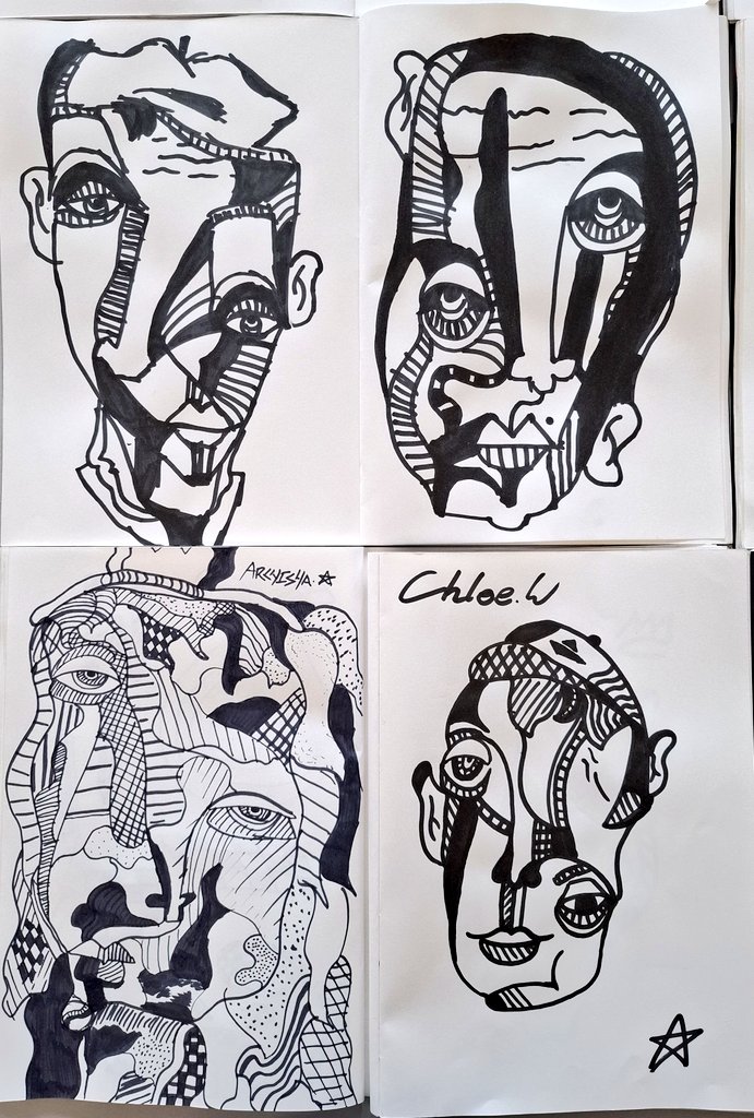LEOacademyarts's tweet photo. Year 5 +6 @CCJacademy portrait club have finished the year strong with their 'doodle portraits' using fine liner pens. We imagined how these would fit seamlessly in the @Tate modern gallery! @LEOacademies #WeAreLEO #portraitclub https://t.co/r9LaKXoLa4