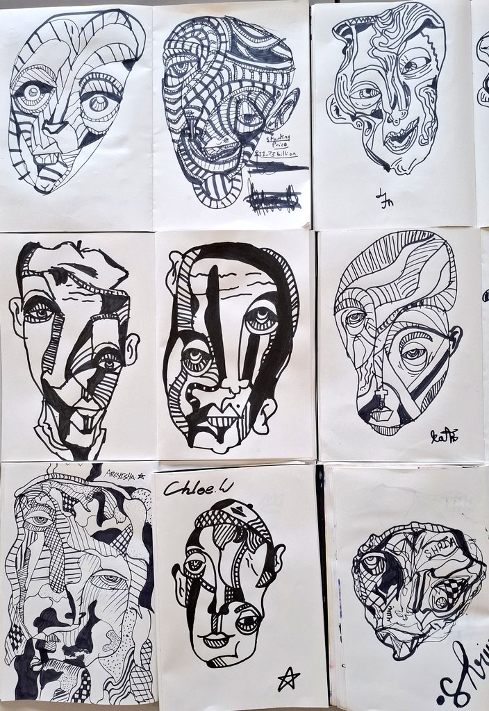 LEOacademyarts's tweet photo. Year 5 +6 @CCJacademy portrait club have finished the year strong with their 'doodle portraits' using fine liner pens. We imagined how these would fit seamlessly in the @Tate modern gallery! @LEOacademies #WeAreLEO #portraitclub https://t.co/r9LaKXoLa4