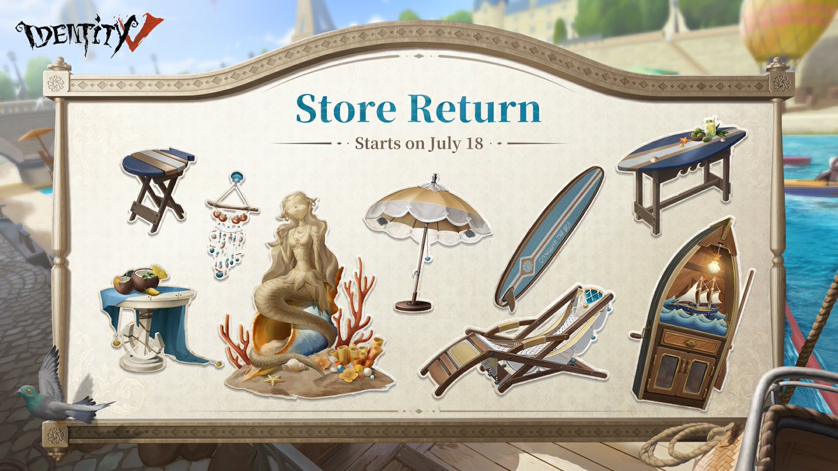 GameIdentityV's tweet photo. Dear Visitors,
Palm trees swaying, sun-kissed days are back!
To celebrate the best summer, themed costumes, accessories, furniture and emotes will all return from July 18th!
Plus, we're giving away free 10 Season 33 Essence 1 from July 25th! Don't miss out!
#IdentityV #Summer https://t.co/FFqm9HyVtR