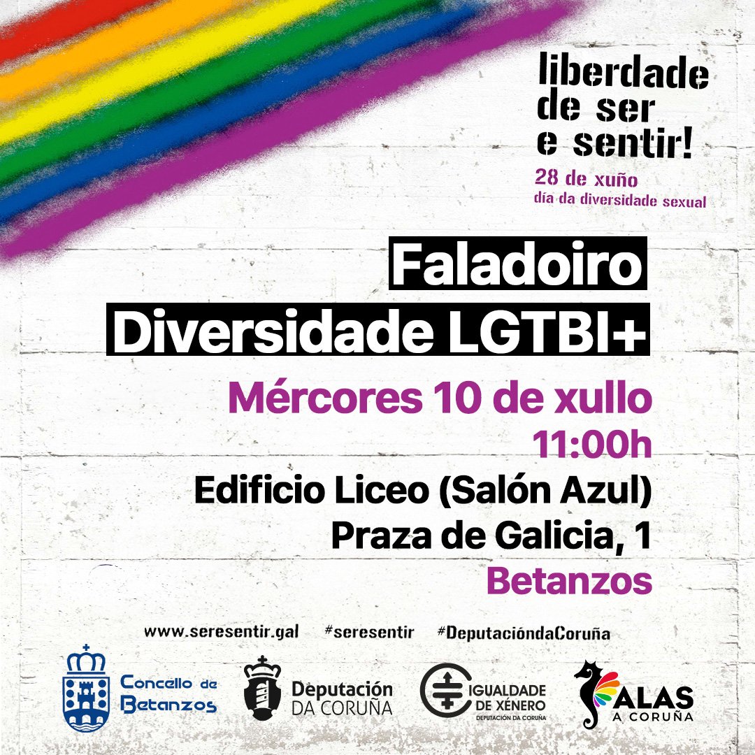 alasacoruna's tweet photo. ⏳️En menos de dúas horas estaremos no @AyuntBetanzos conversando coa veciñanza sobre dereitos 🏳️‍🌈.

👭 O Orgullo de #SerESentir chega ás vilas e pobos da #Coruña grazas a este programa da @Depucoruna.

🚘 O venres estaremos pola Pobra do Caramiñal. https://t.co/bQeVyYsLl9