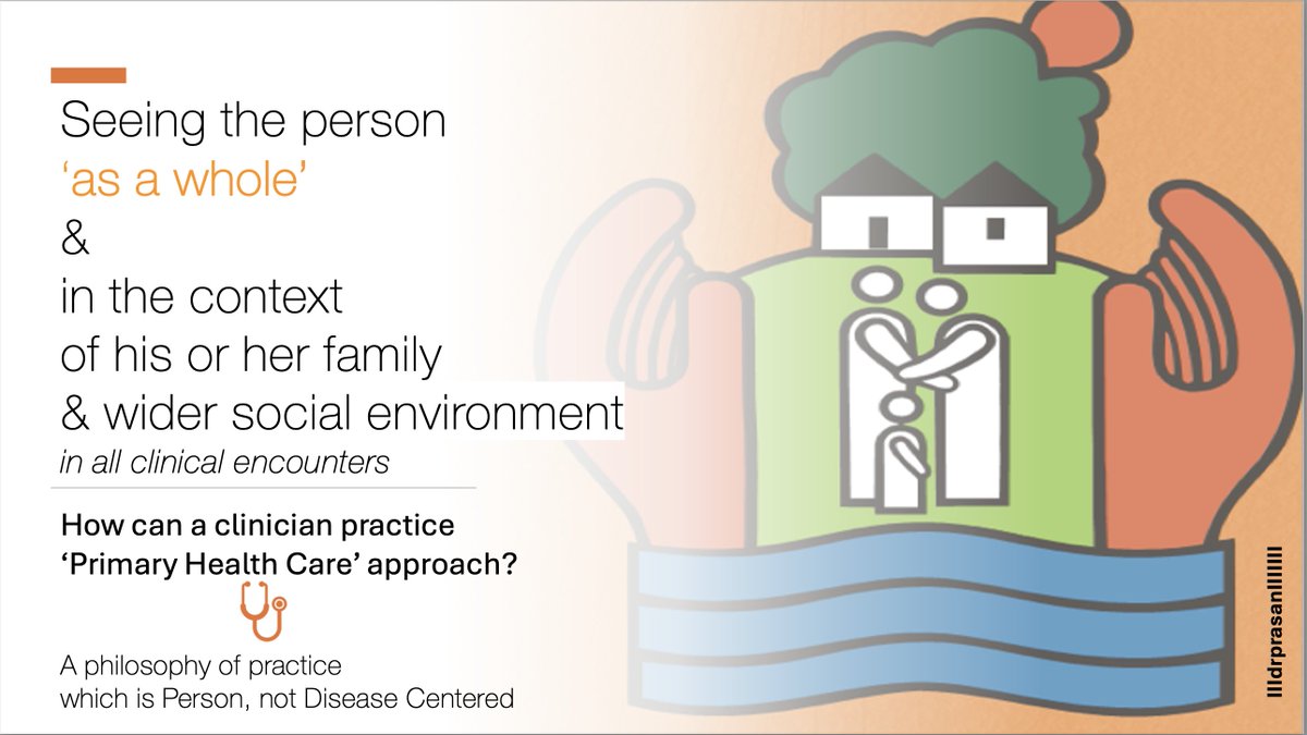 drsansthoughts's tweet image. How can a clinician practice the ‘Primary Health Care’ approach?

Seeing the person ‘as a whole’ &amp;amp; in the context 
of his or her family &amp;amp; wider social environment

A philosophy of practice that is Person, not Disease Centered

#Person_Centered_Care
#ComMedx 
#FamMed