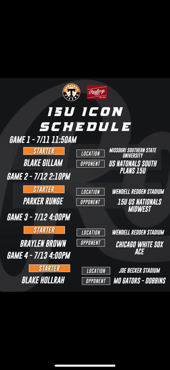 mike_callihan's tweet photo. Rawlings Tigers 15 ICON
Midwest Premier National Championship 
Schedule/Pitching Rotation
@stltigers @NationalTigers https://t.co/ep3cyUBV9T