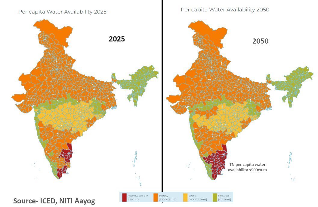 subbiahsathyan's tweet photo. This map shows per capita water availability in India, except Kanyakumari, Valparai, most of TN comes in absolute scarcity. History of TN shaped by water scarcity/famine. Still, TN doesnot have major plan on groundwater, surface water conservation &amp; protection(e.g.pollution) https://t.co/VOQ8S9MmWO