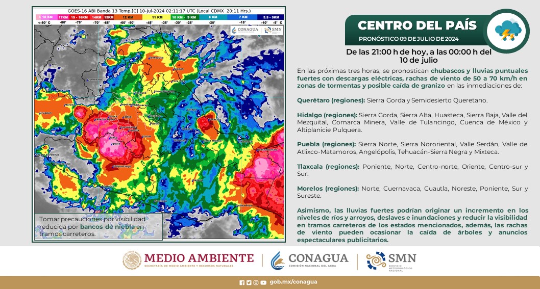 conagua_clima's tweet photo. Durante esta noche se prevén #Chubascos, #Lluvias fuertes, #Viento con #Rachas de 50 a 70 km/h y #DescargasEléctricas en regiones de #Querétaro, #Hidalgo, #Puebla, #Tlaxcala y #Morelos. Más información, en la imagen https://t.co/QfQALXXPrU
