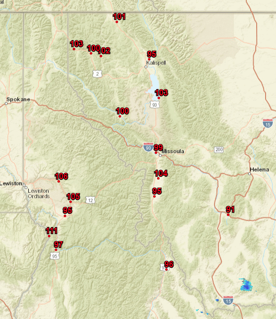 [9:10pm MDT] Here are preliminary high temperatures for today.  The Snake River Valley got up above 110 deg.  Triple digits were common across northwest MT, and the Mission and Bitterroot Valleys. #idwx #mtwx
