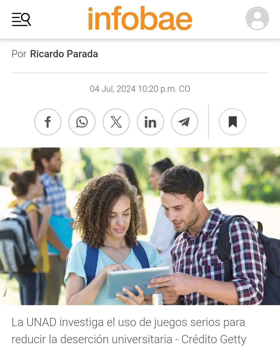 Los invito a leer mi entrevista la cual fue publicada en #Infobae y en la cual amplio el tema de los Juegos Serios.

<a href="/infobae/">infobae</a> <a href="/infobaecolombia/">Infobae Colombia</a>

infobae.com/educacion/2024…

Investigación realizada con el apoyo de tres #universidades 

<a href="/UniversidadUNAD/">Universidad UNAD</a> <a href="/MedellinUNAL/">Sede Medellín UNAL</a> <a href="/UdeA/">Universidad de Antioquia</a>