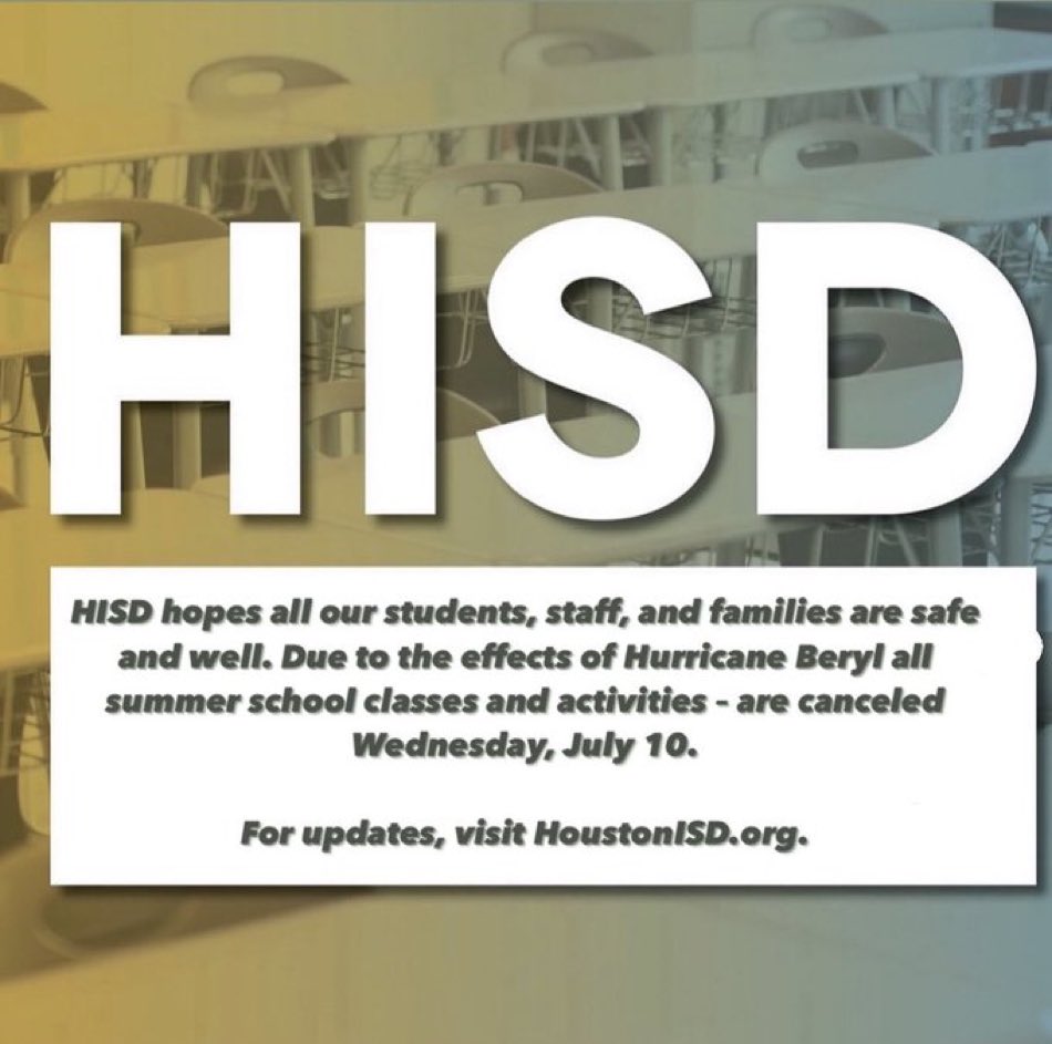 We hope you and your family are safe and well. Due to the effects of Hurricane Beryl, summer school is canceled on Wednesday, July 10. We will continue to send updates.