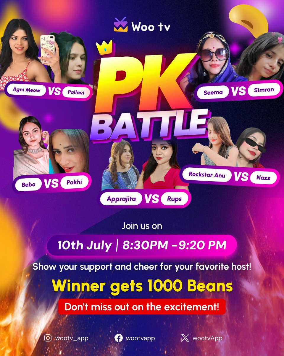 WootvApp's tweet photo. Get ready for some fun, because the PK Battle is about to rock your world! 🌟 Join us in wootv LiveRooms for an evening of live entertainment. 💃🔥 Are you excited? Come to the comments section and share your enthusiasm! ❤️

#wootv #live #stream #chingariapp🔥🔥 #LiveRooms https://t.co/FFzBZajEeD