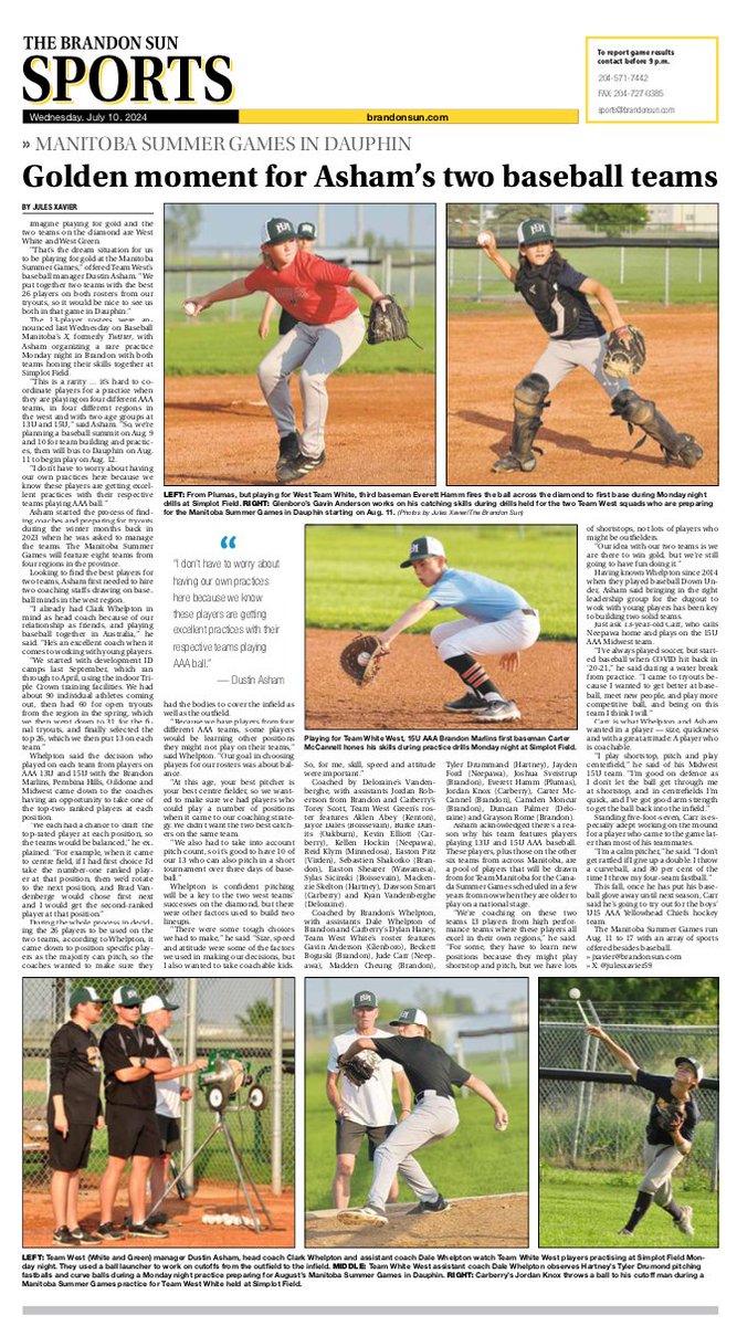 Bumped my Connor Martin story to Thursday Leading with this feature for Wednesday sneak peak after talking to bench boss, and manager. A good read, with some fun action shots from practice for Team White. Simplot Field — MB Summer Games 
<a href="/dustinasham/">Dustin Asham</a> <a href="/baseballmbaaa/">Baseball MB AAA League</a>
<a href="/BaseballMB/">Baseball Manitoba</a>